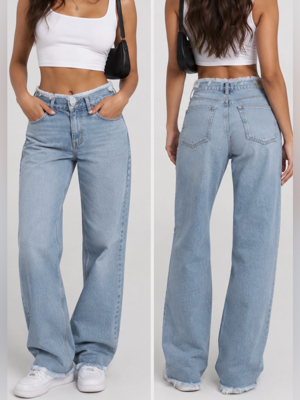 Fashion Nova Raw High Waist Wide Leg Jeans Light Wash Size 3 Distressed Hem NWOT